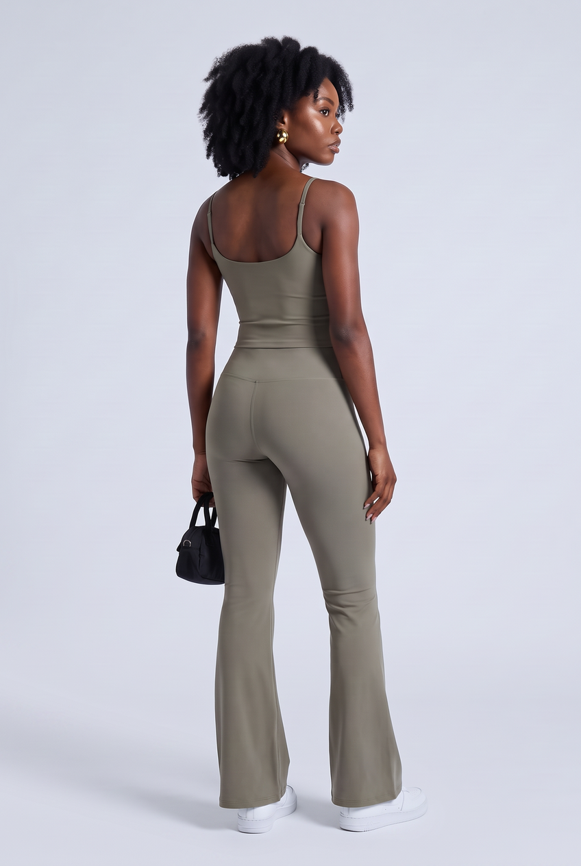 Kovelle sculpt flare pant in green grey, back view on model