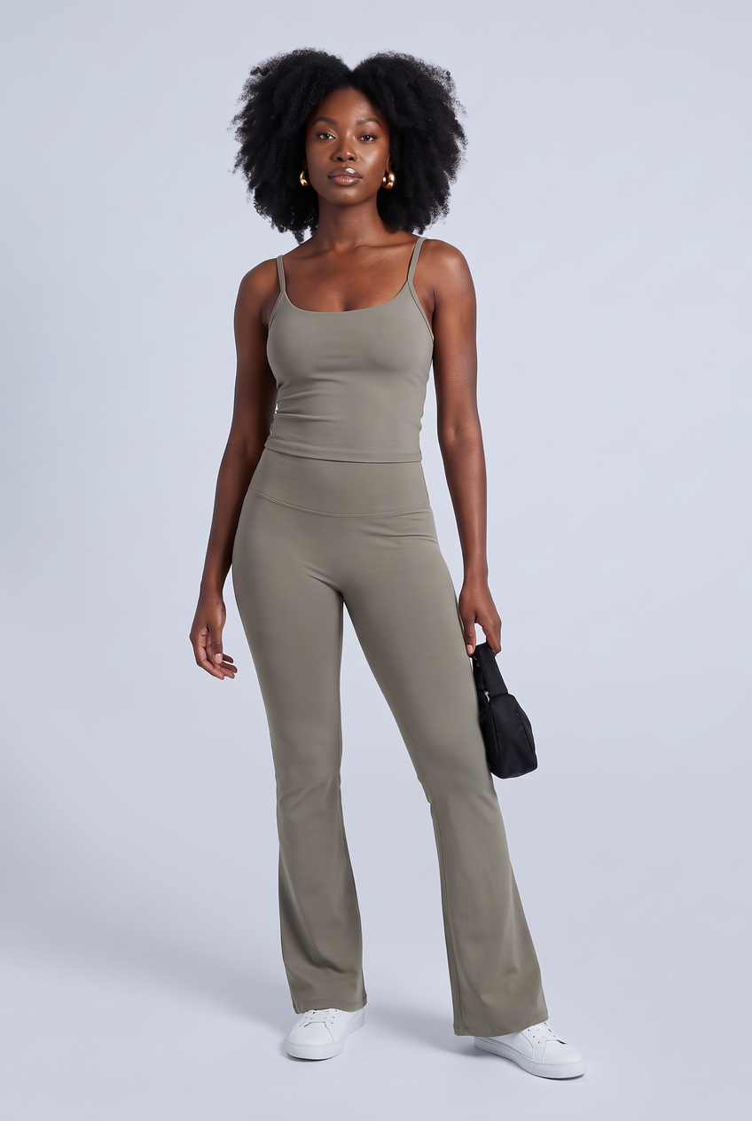 Kovelle sculpt flare pant in green grey, full length on model