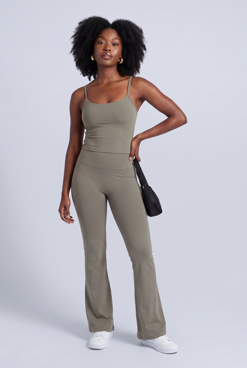 Kovelle sculpt flare pant in green grey, three-quarter view on model