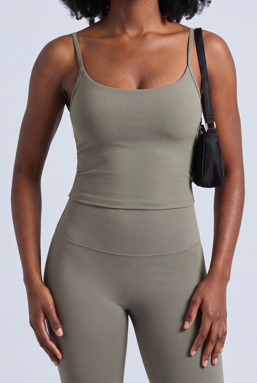 Kovelle sculpt flare pant in green grey, close-up detail on model
