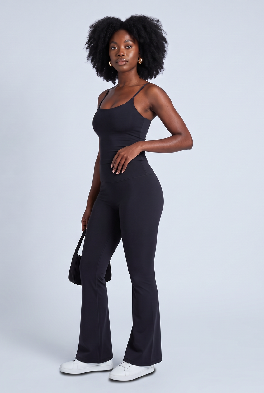 Kovelle sculpt flare pant in black, front view on model