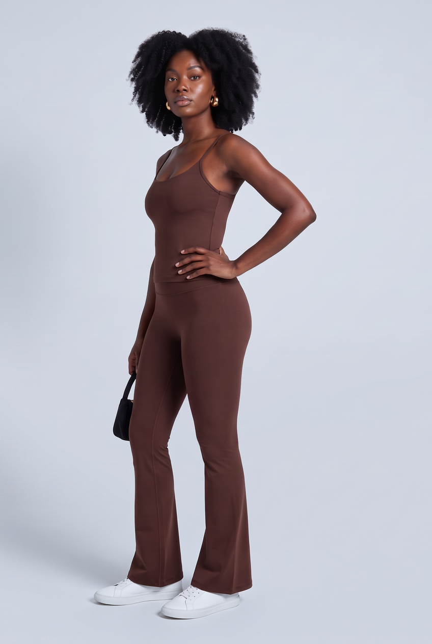 Kovelle sculpt flare pant in chocolate, front view on model