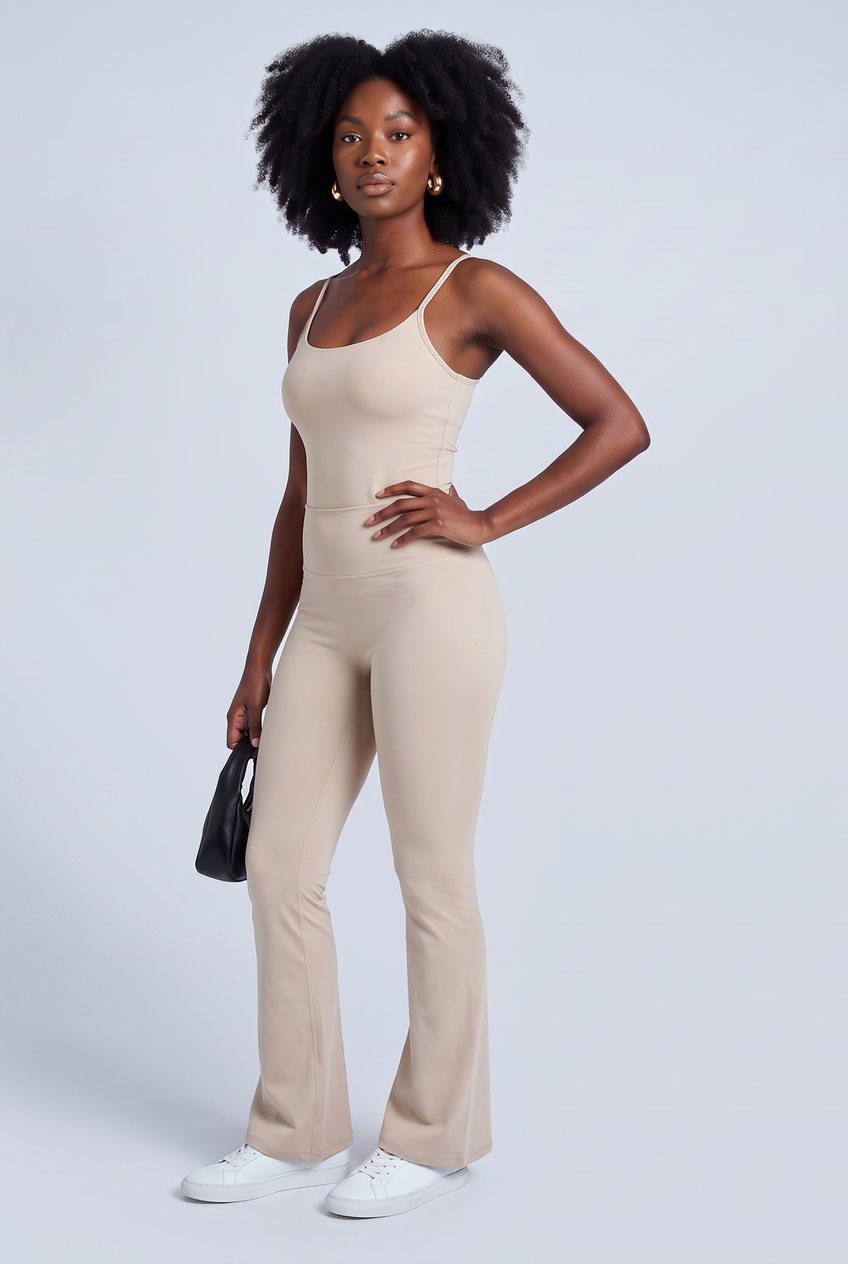 Kovelle sculpt flare pant in beige, front view on model