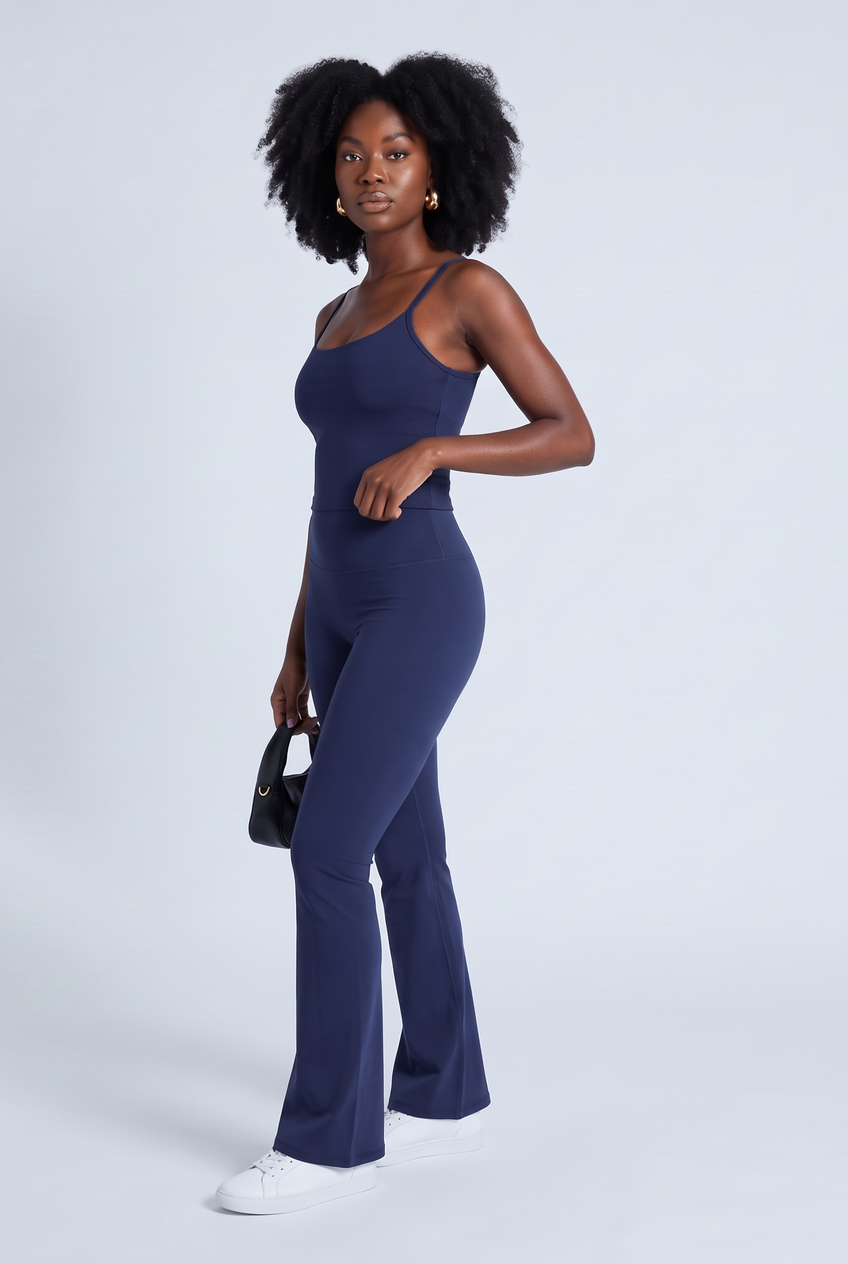 Kovelle sculpt flare pant in navy, front view on model