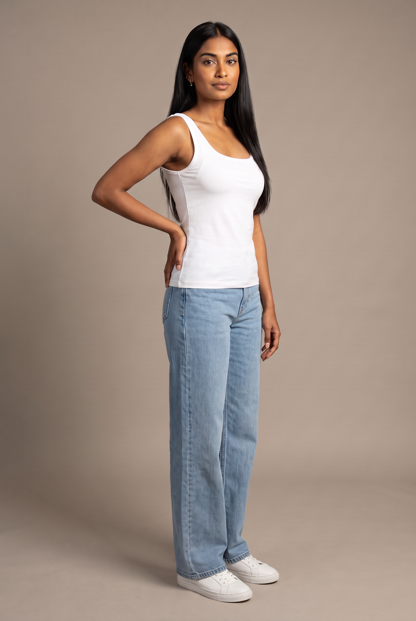 Kovelle sculpted square neck tank in white, front view on model