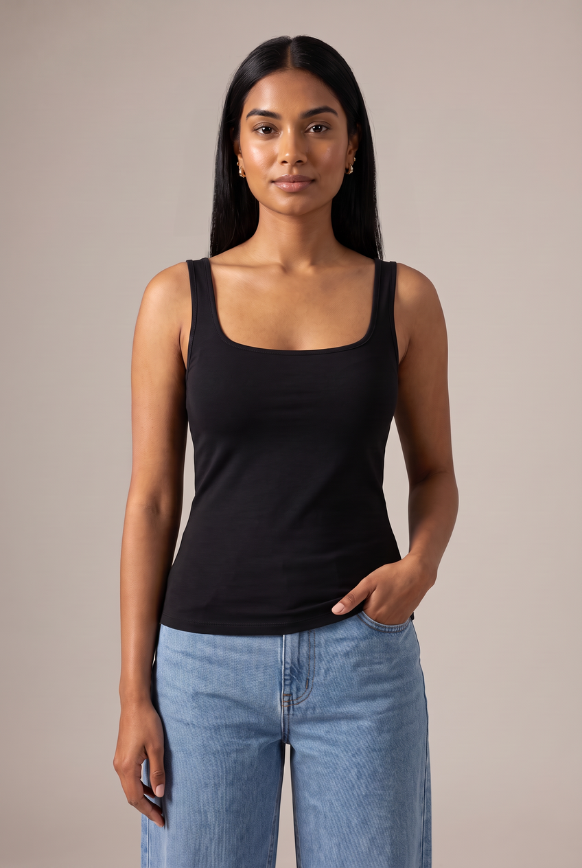 Kovelle sculpted square neck tank in black, close-up detail on model