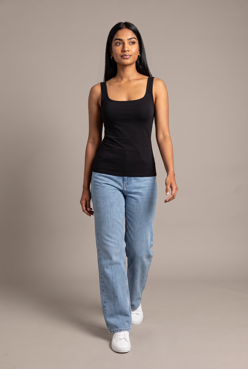 Kovelle sculpted square neck tank in black, walking, full length on model