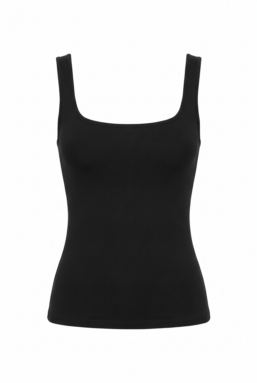 Kovelle sculpted square neck tank in black, flat product view showing the full garment