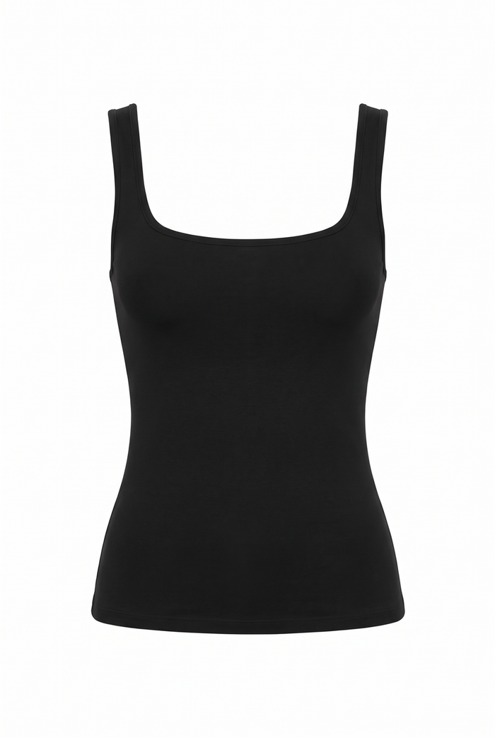 Kovelle sculpted square neck tank in black, flat product view showing the full garment