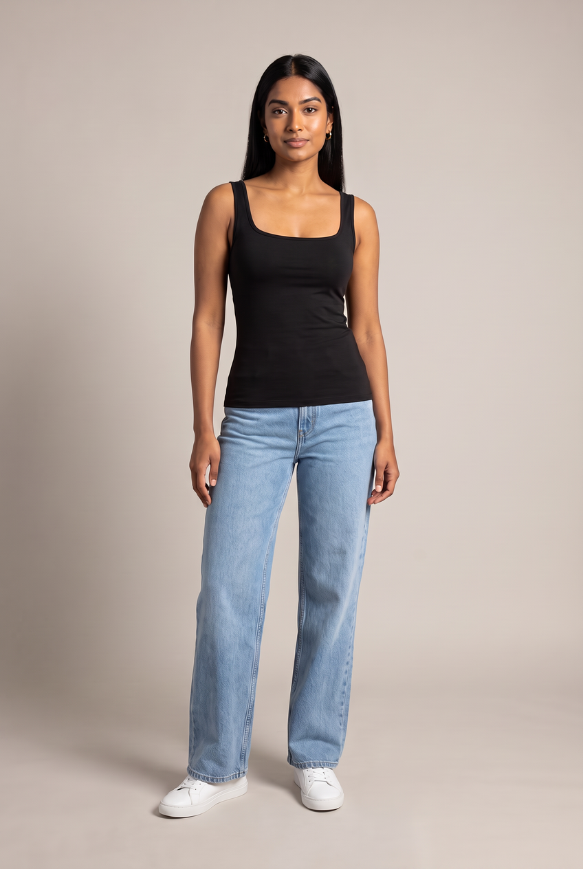 Kovelle sculpted square neck tank in black, front view on model