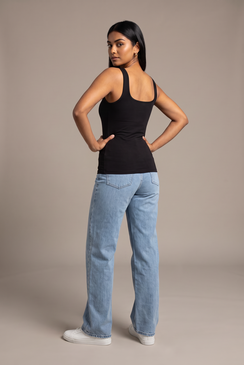 Kovelle sculpted square neck tank in black, back view on model