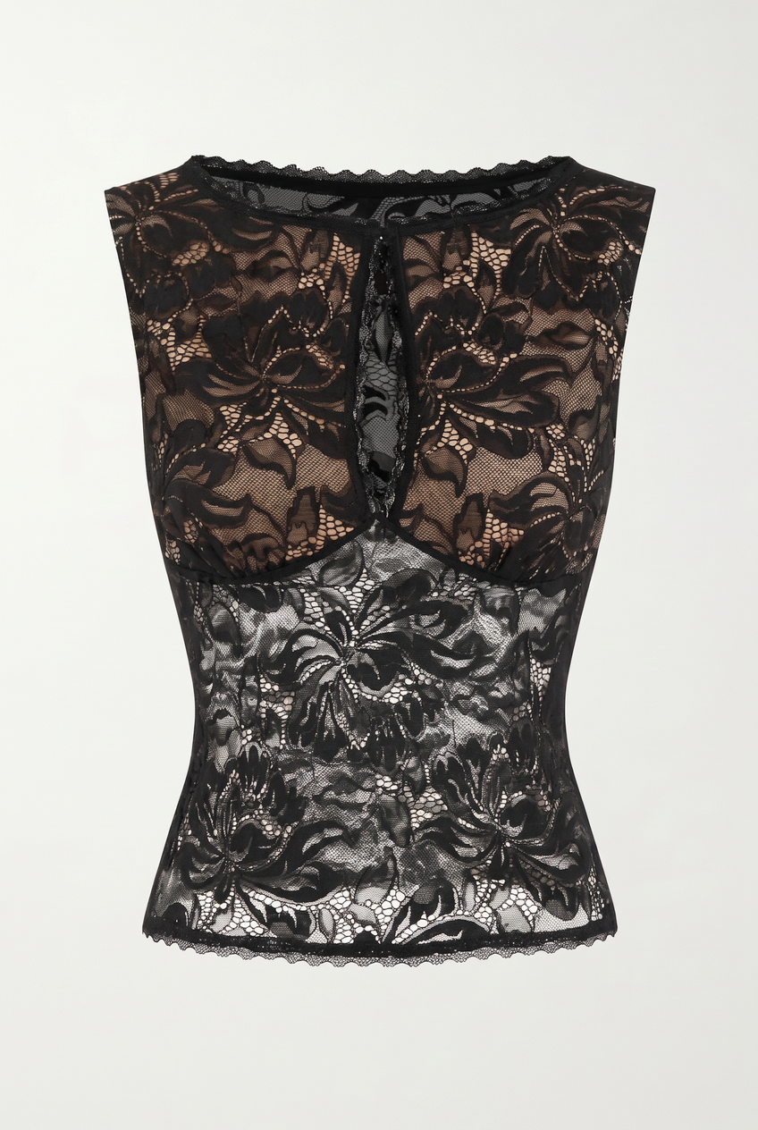 Kovelle sheer lace boat neck top in black, flat product view