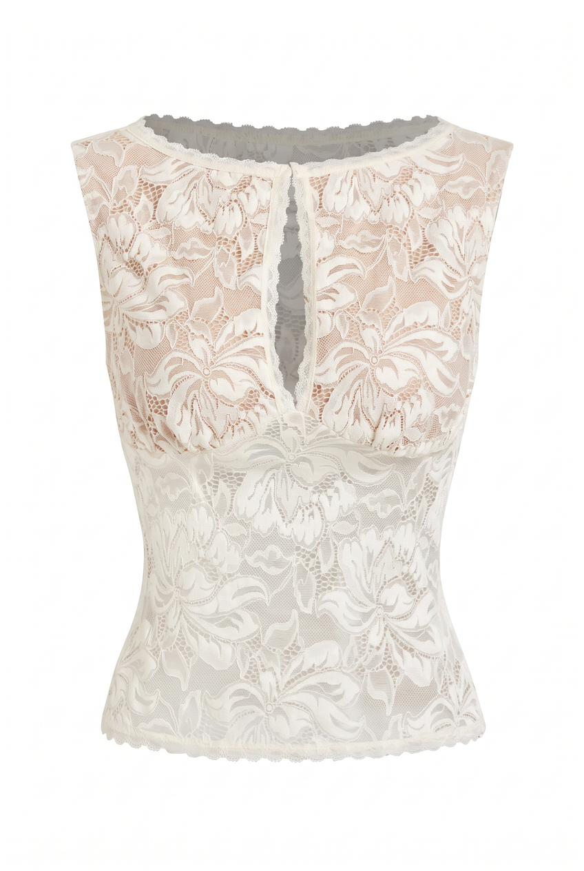 Kovelle sheer lace boat neck top in ivory, flat product view showing the full garment