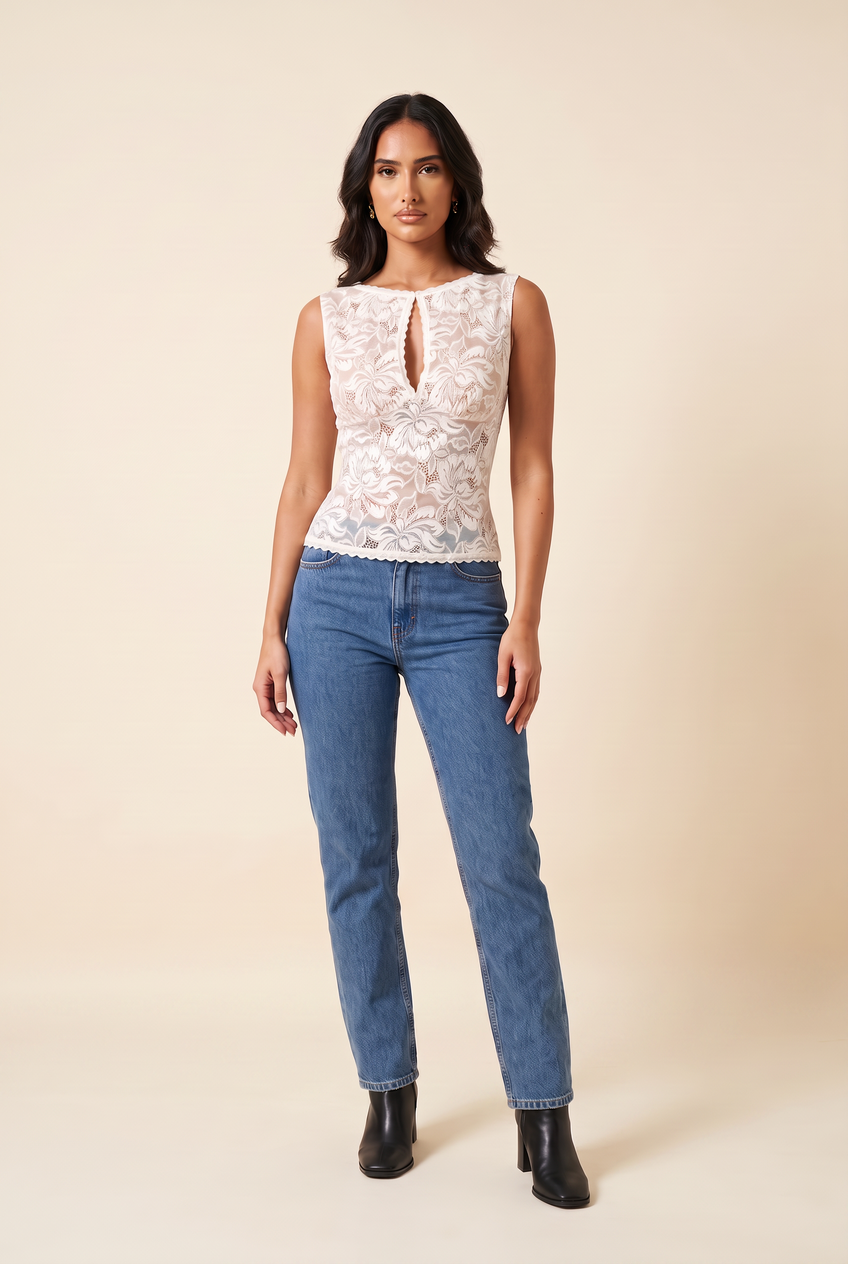 Kovelle sheer lace boat neck top in ivory, front view on model
