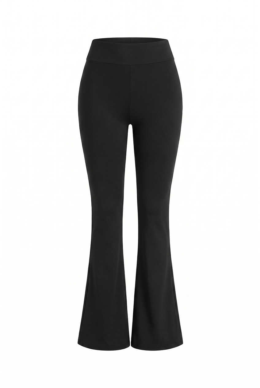 Kovelle skinny flare trousers in black, flat product view showing the full garment