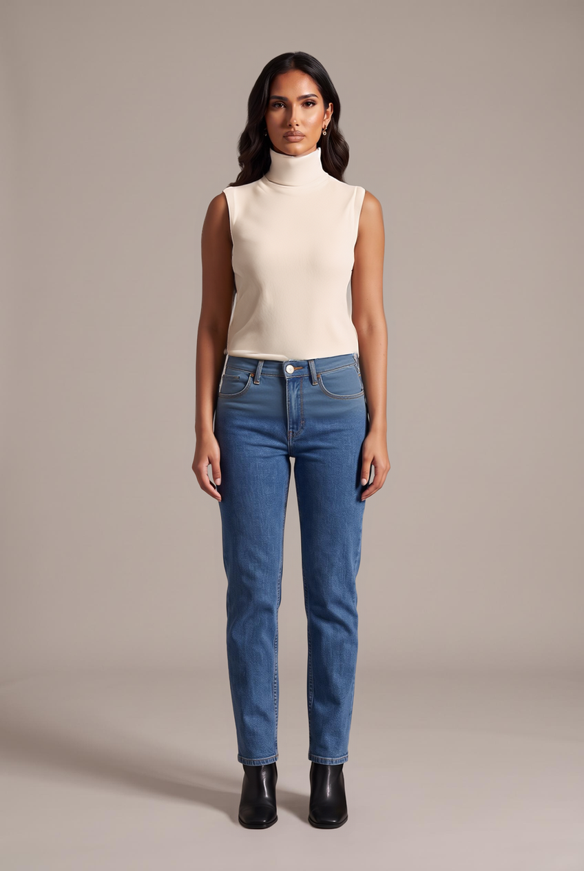 Kovelle sleeveless turtleneck knit in beige, front view on model