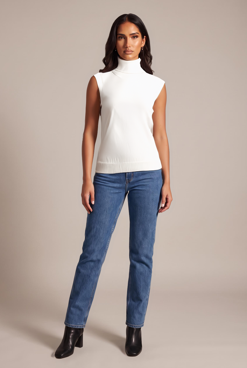 Kovelle sleeveless turtleneck knit in white, front view on model