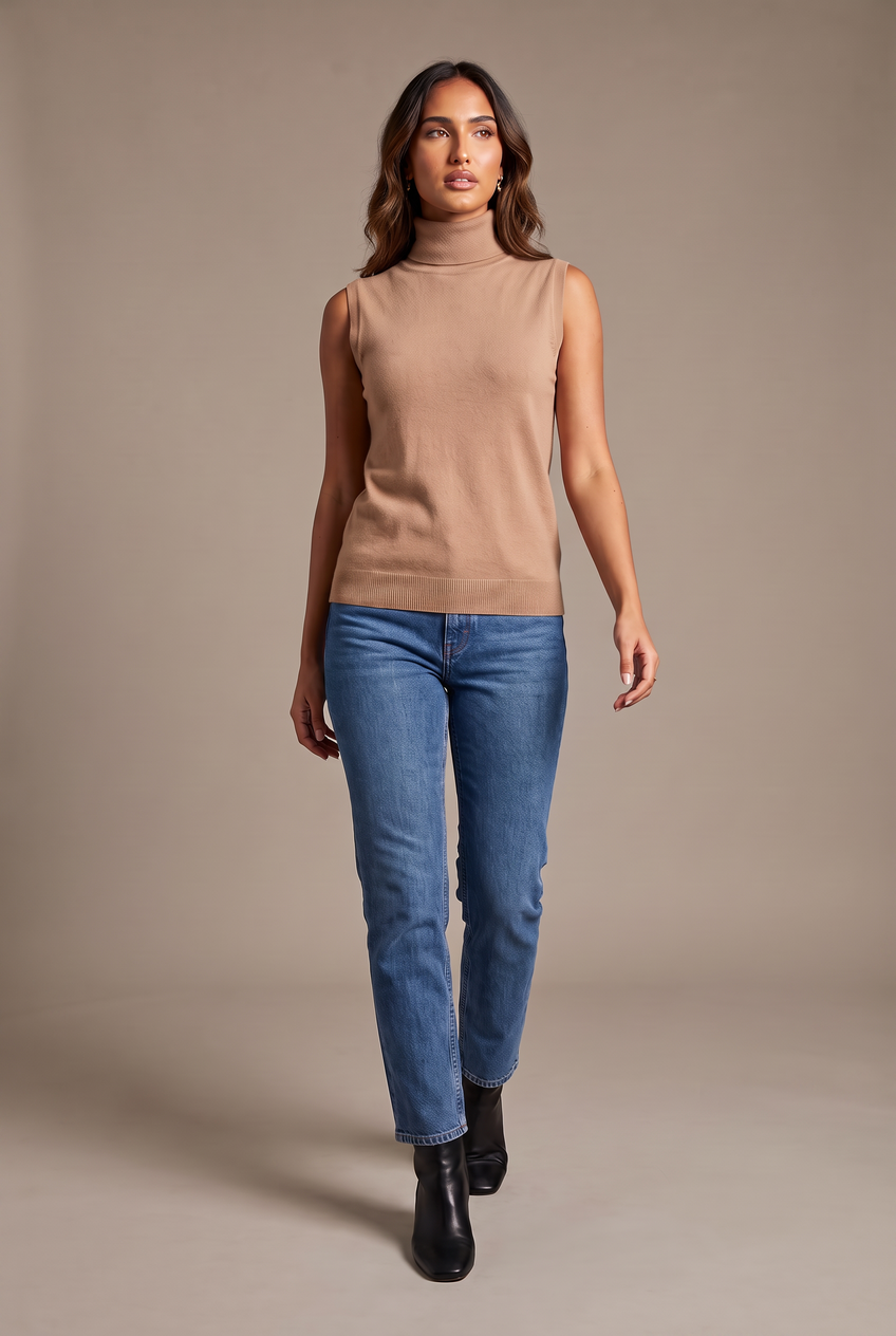 Kovelle sleeveless turtleneck knit in camel, walking, full length on model