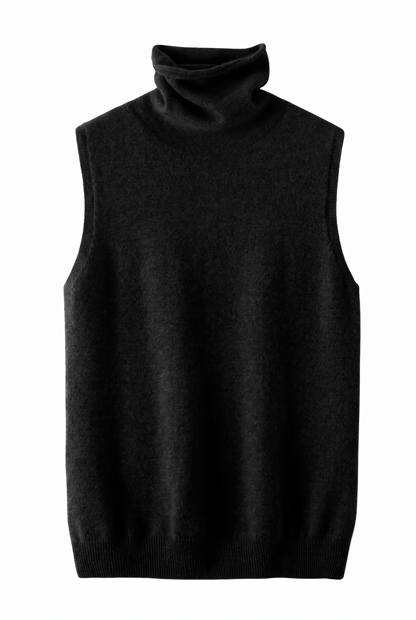 Kovelle sleeveless turtleneck knit in black, flat product view