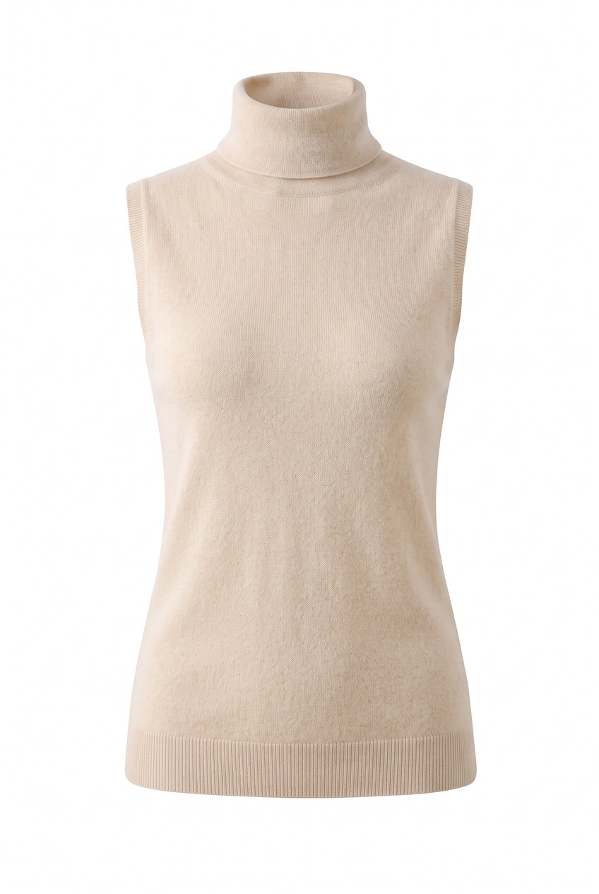 Kovelle sleeveless turtleneck knit in beige, flat product view