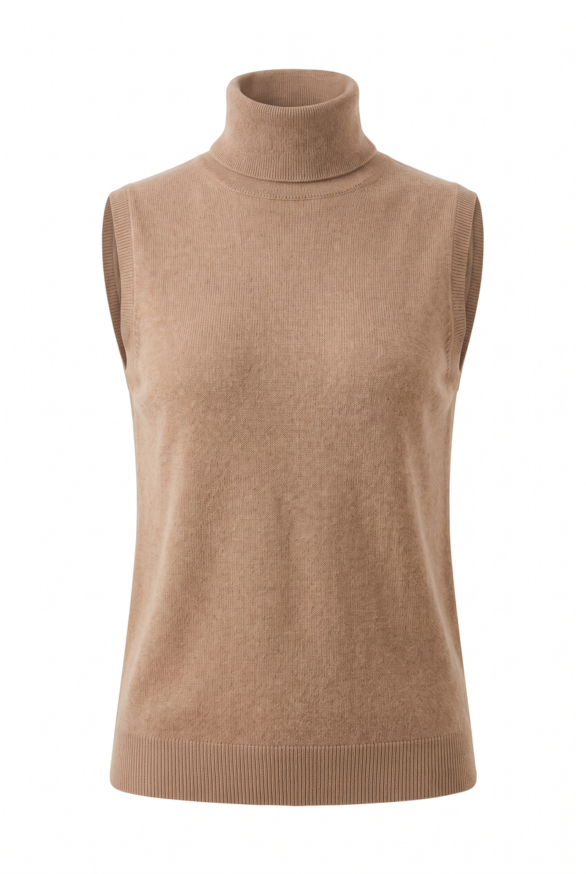 Kovelle sleeveless turtleneck knit in camel, flat product view showing the full garment