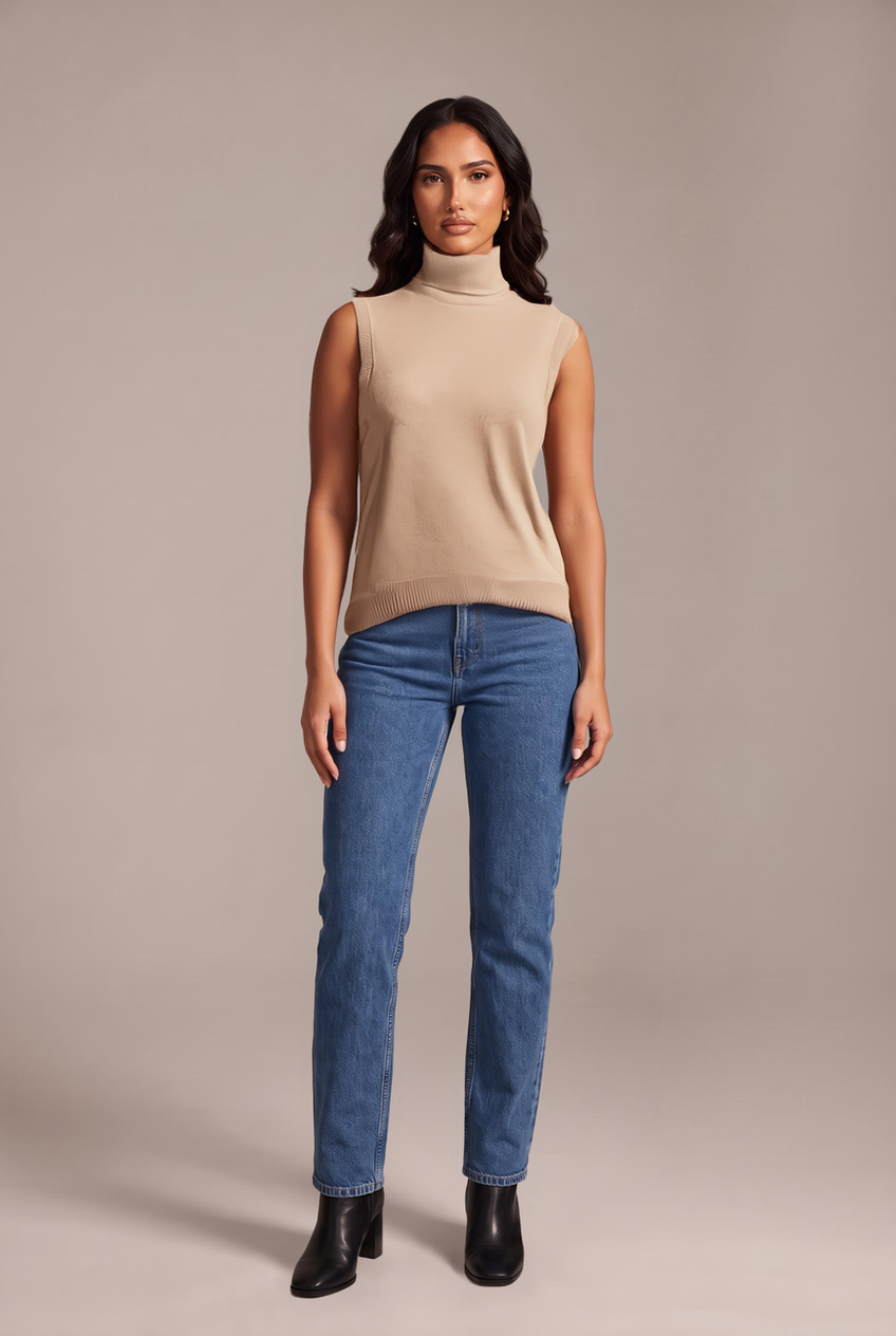 Kovelle sleeveless turtleneck knit in camel, front view on model