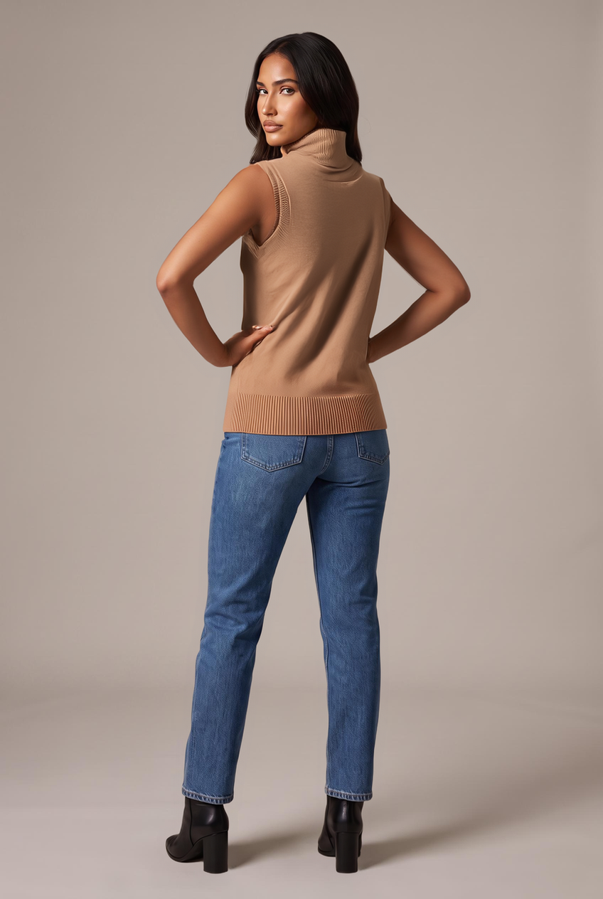Kovelle sleeveless turtleneck knit in camel, back view on model