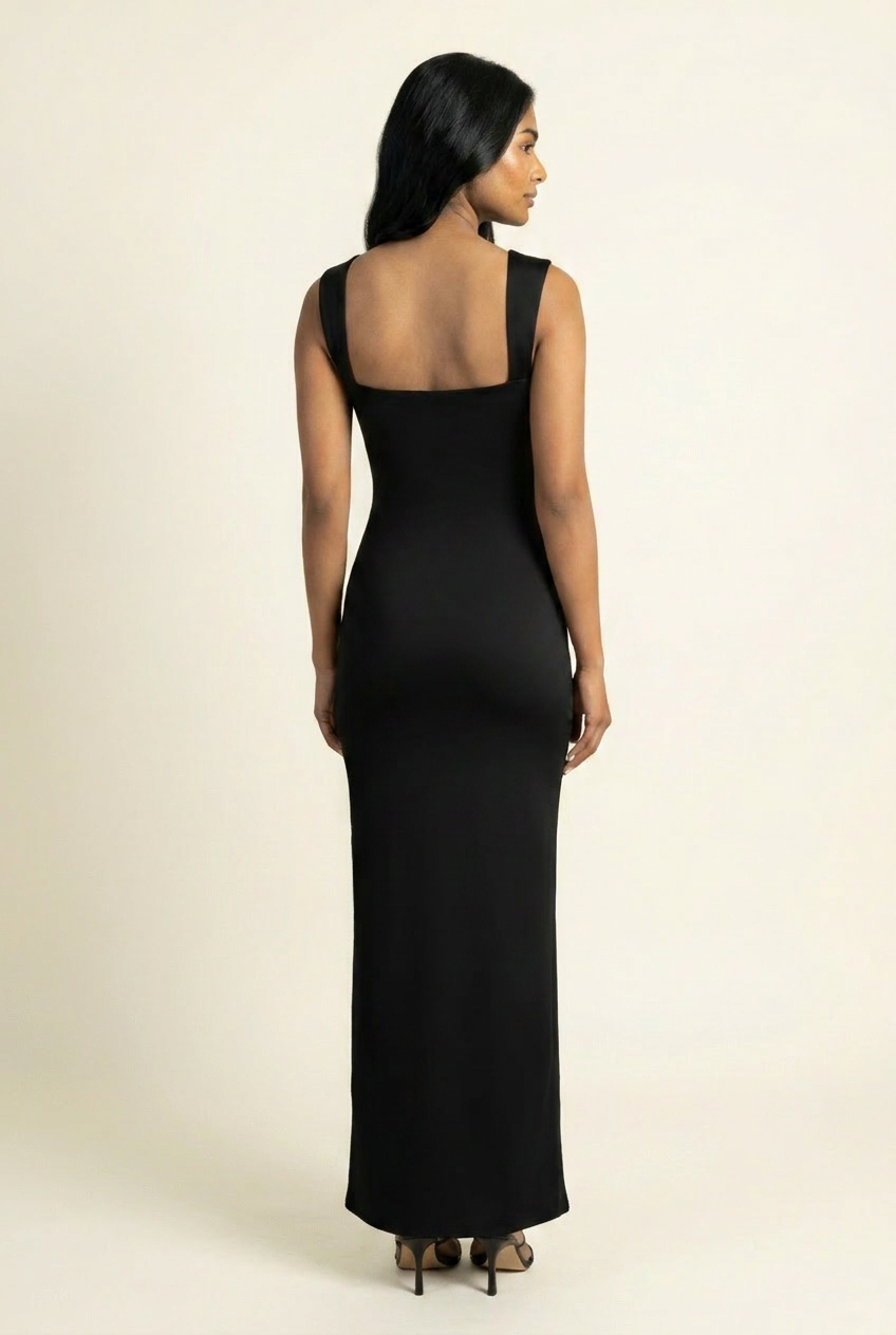 Kovelle square neck bodycon maxi dress in black, back view, on model