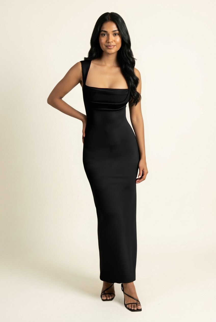 Kovelle square neck bodycon maxi dress in black, hand on hip pose, on model