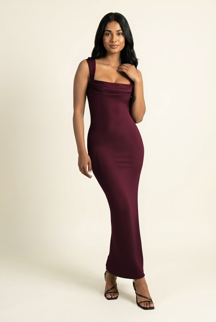 Kovelle square neck bodycon maxi dress in burgundy, on model, front