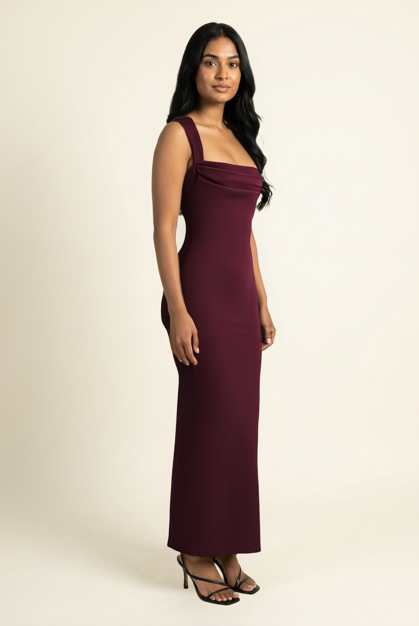 Kovelle square neck bodycon maxi dress in burgundy, side profile, on model