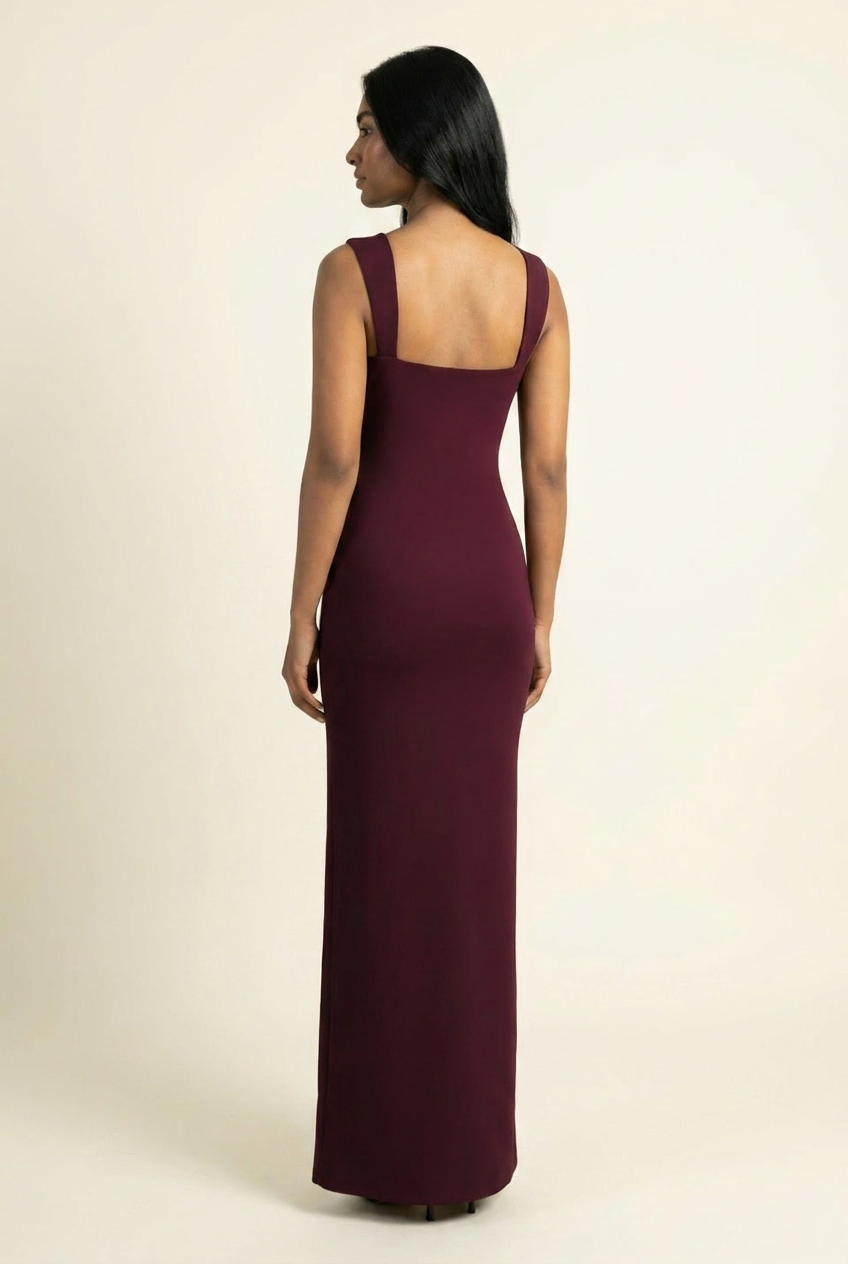 Kovelle square neck bodycon maxi dress in burgundy, back view, on model