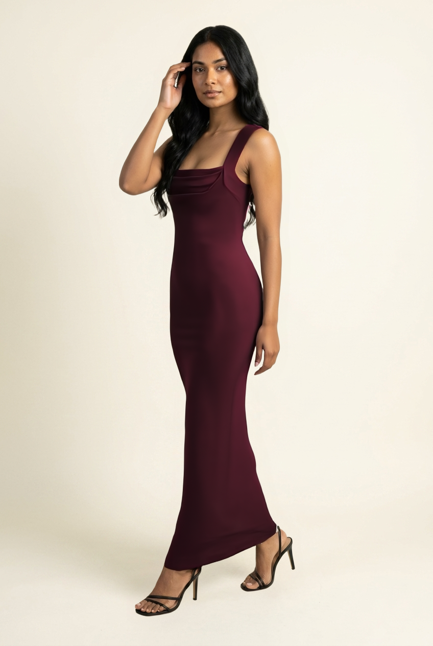 Kovelle square neck bodycon maxi dress in burgundy, walking pose, on model