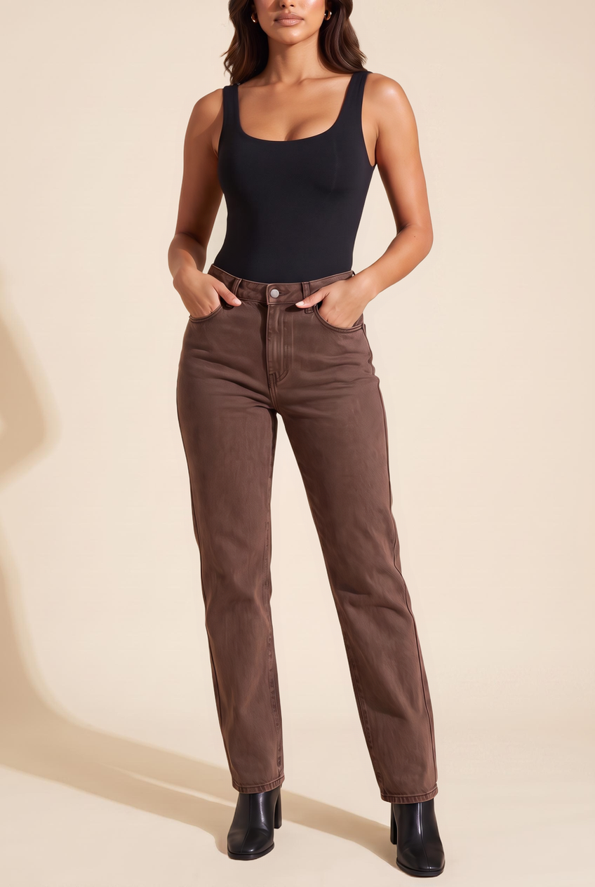 Kovelle straight leg jeans in chocolate, close-up detail on model