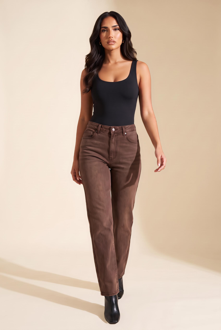 Kovelle straight leg jeans in chocolate, walking, full length on model