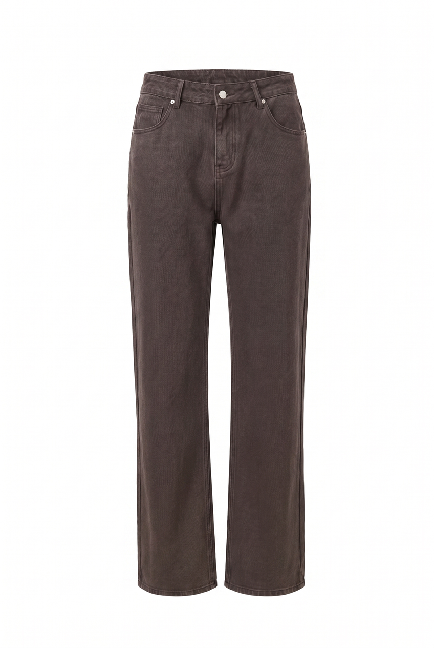 Kovelle straight leg jeans in chocolate, flat product view showing the full garment
