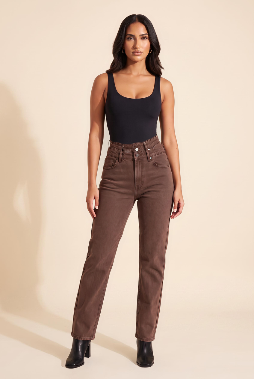 Kovelle straight leg jeans in chocolate, front view on model