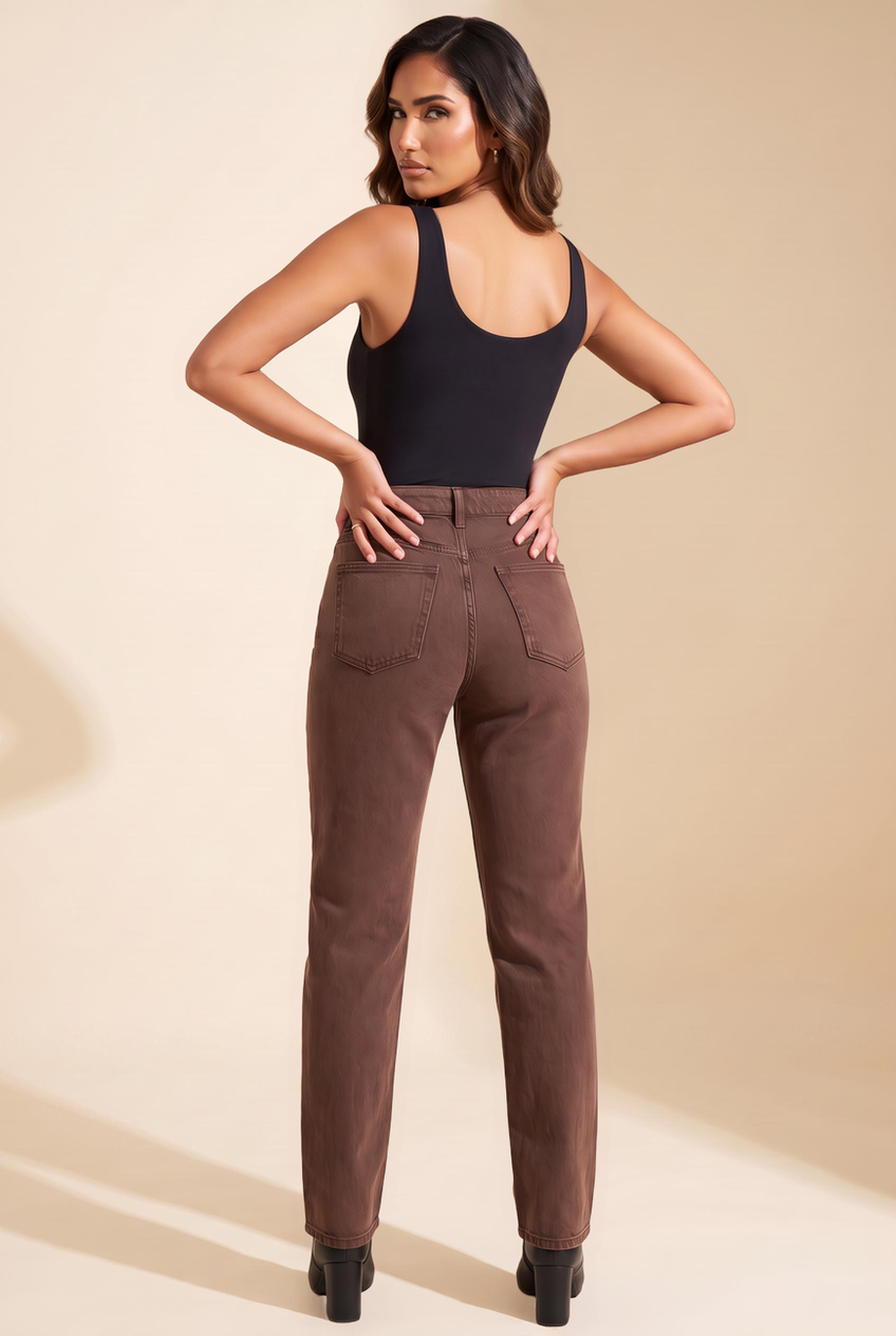 Kovelle straight leg jeans in chocolate, back view on model