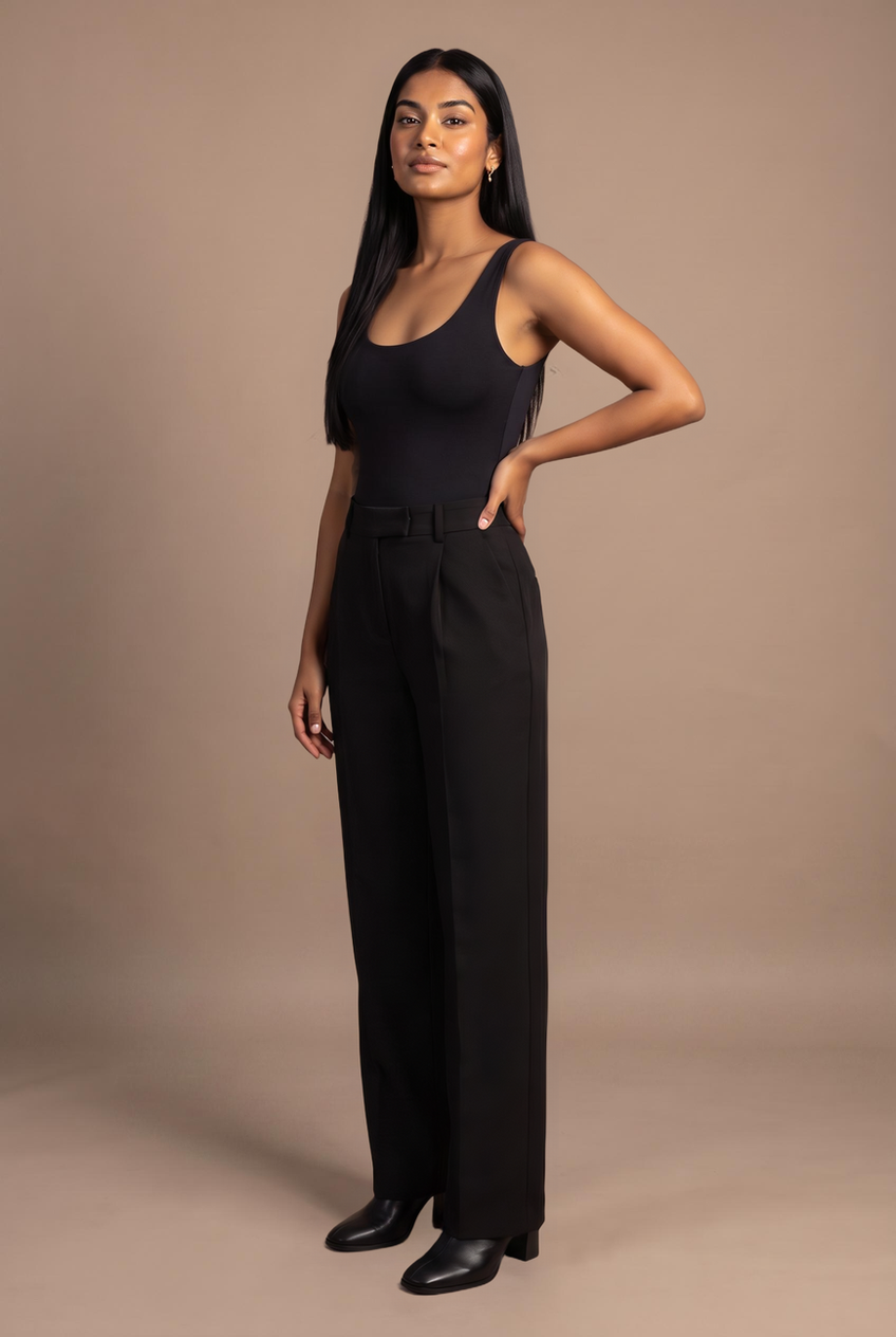 Kovelle straight leg suit trousers in black, front view on model