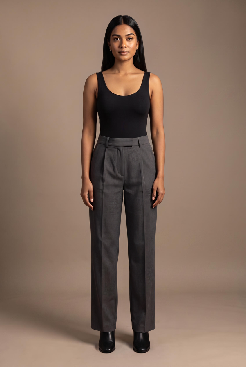 Kovelle straight leg suit trousers in charcoal, front view on model