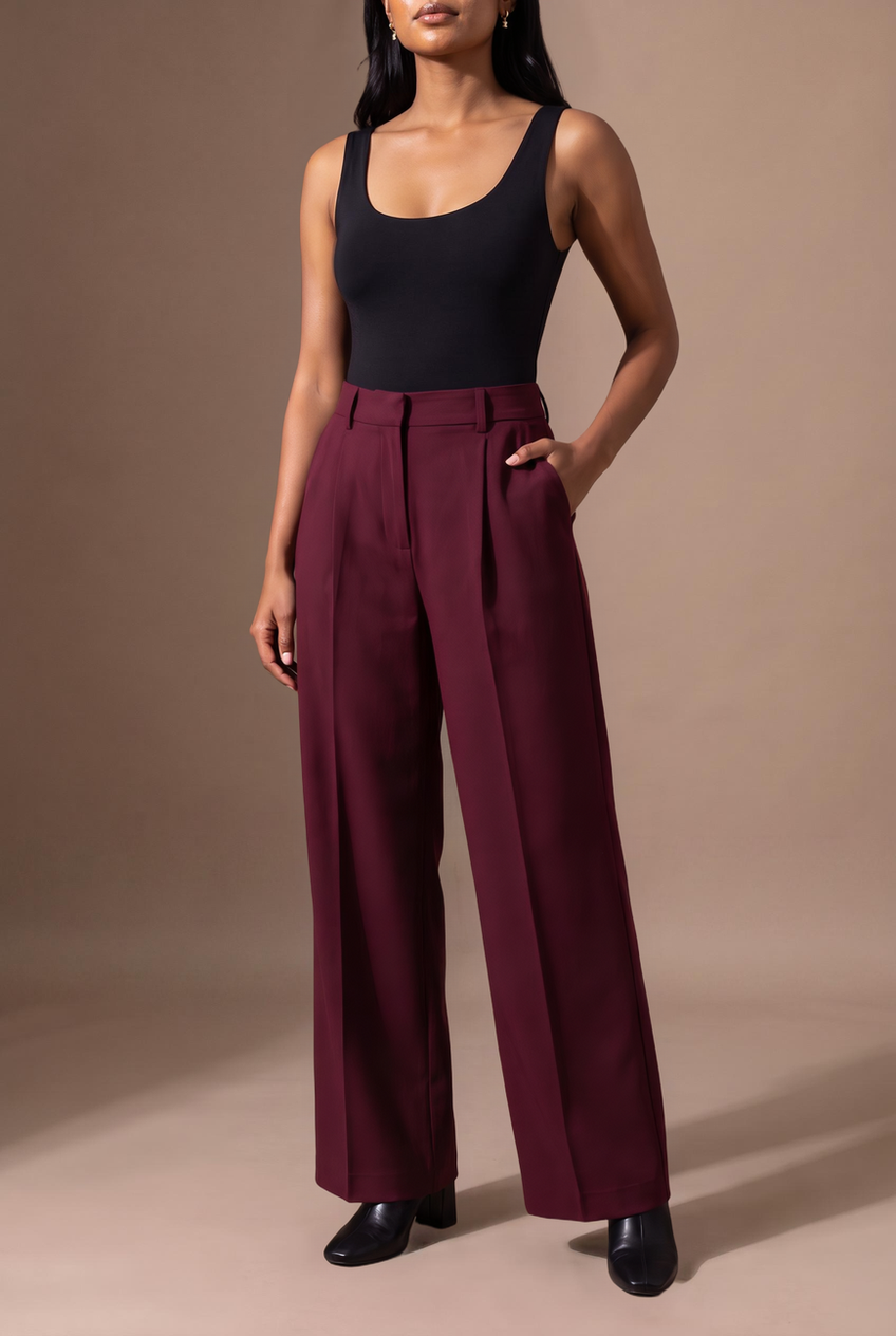 Kovelle straight leg suit trousers in burgundy, close-up detail on model