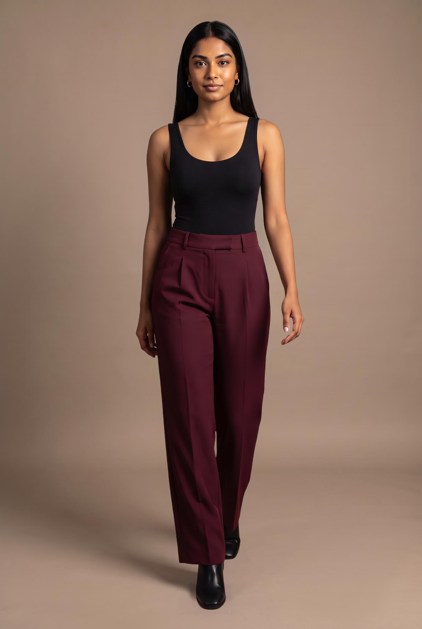 Kovelle straight leg suit trousers in burgundy, walking, full length on model