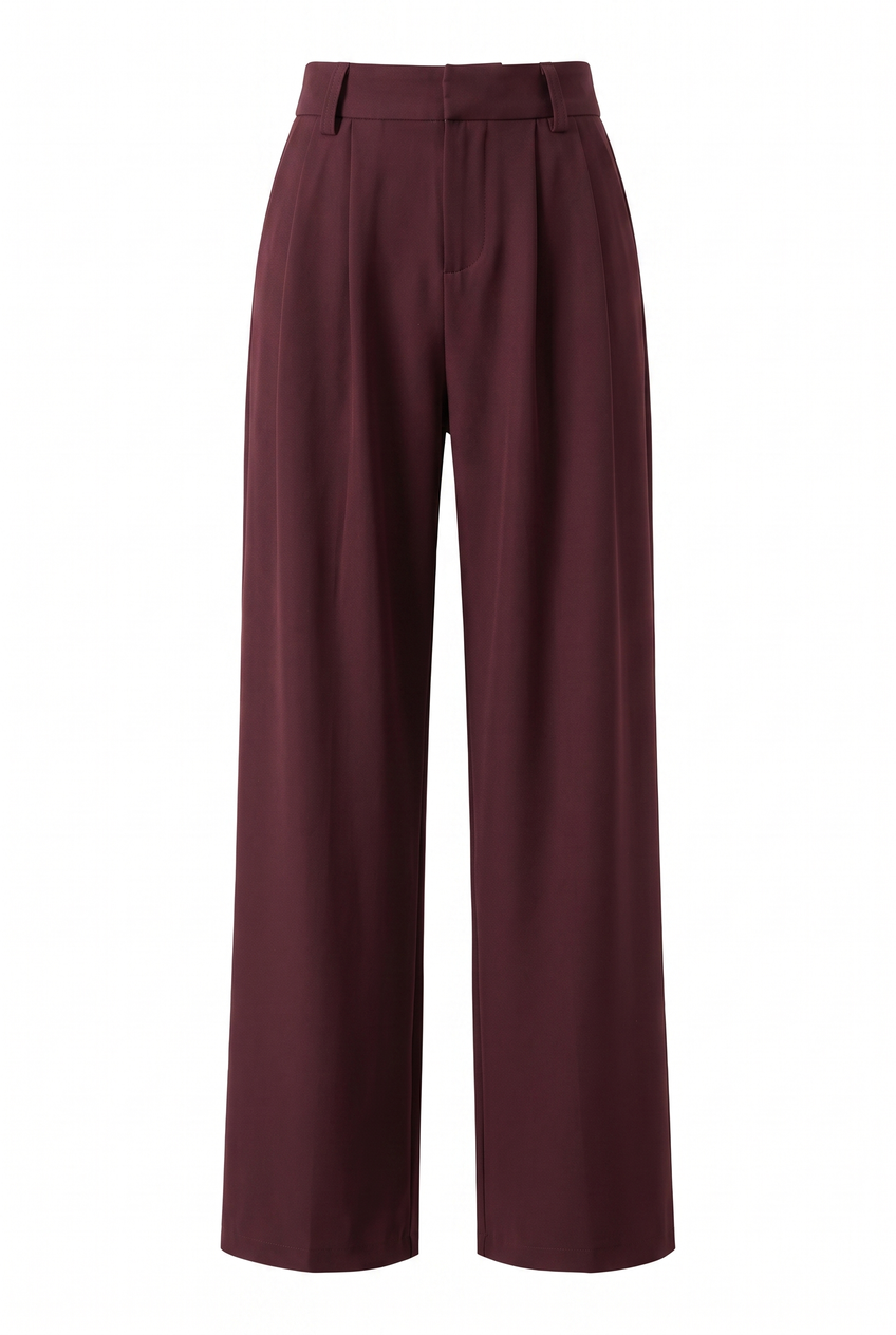 Kovelle straight leg suit trousers in burgundy, flat product view showing the full garment