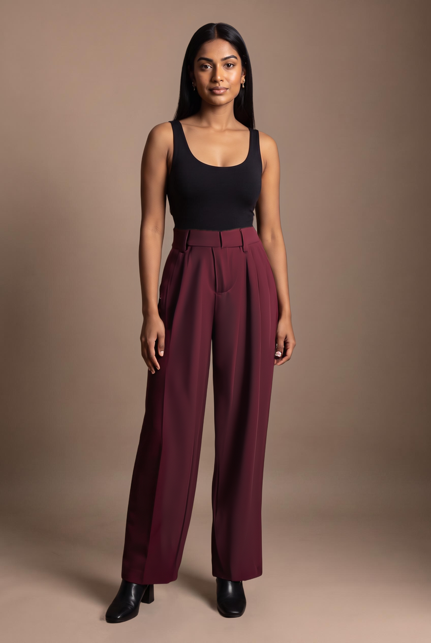 Kovelle straight leg suit trousers in burgundy, front view on model