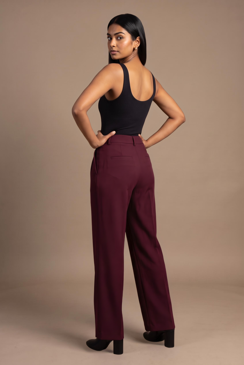 Kovelle straight leg suit trousers in burgundy, back view on model