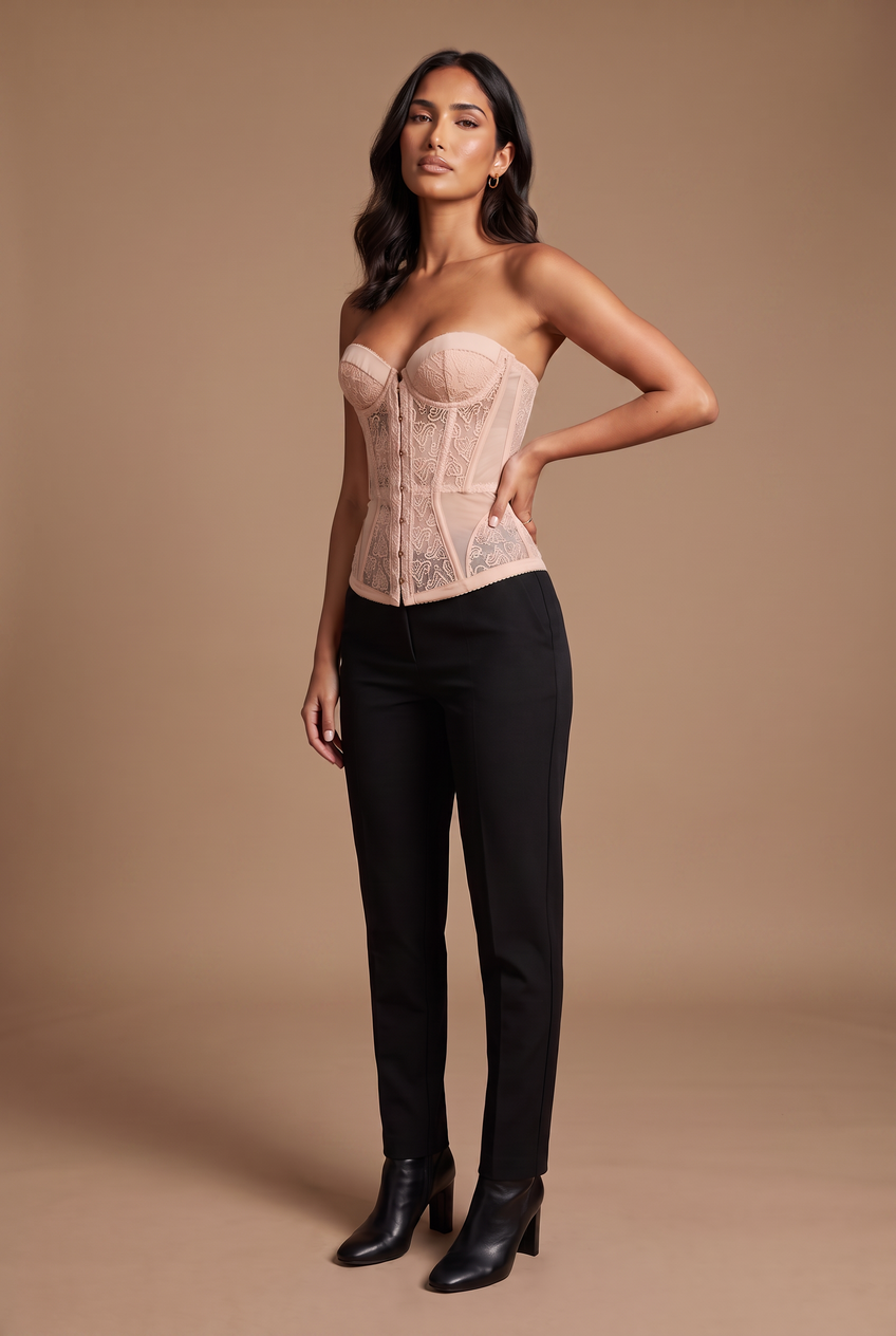 Kovelle strapless lace corset top in nude, front view on model