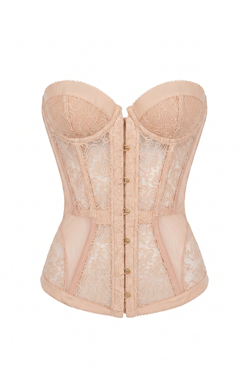 Kovelle strapless lace corset top in nude, flat product view