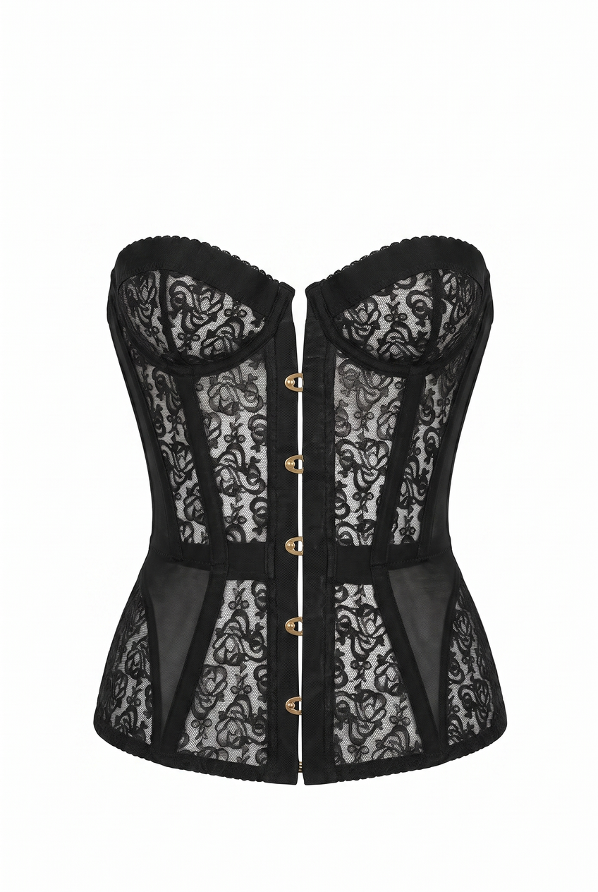 Kovelle strapless lace corset top in black, flat product view showing the full garment