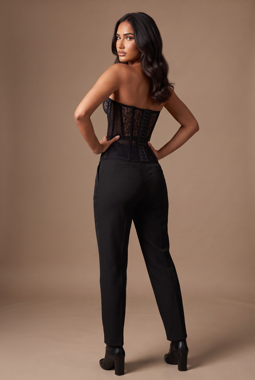 Kovelle strapless lace corset top in black, back view on model
