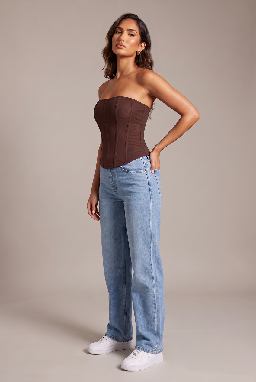 Kovelle strapless mesh bustier in chocolate, front view on model
